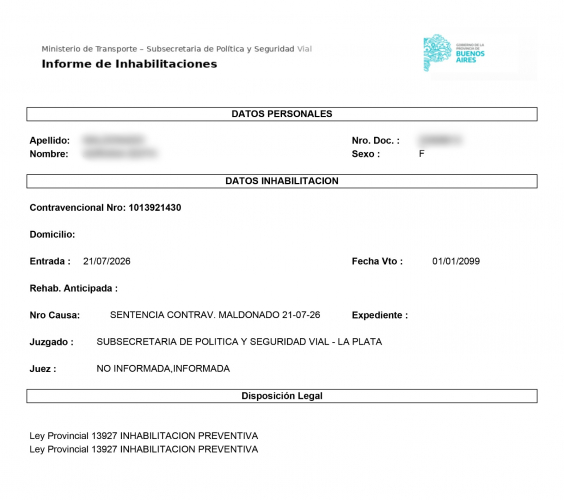 La Sub. de Política y Seguridad Vial resolvió su inhabilitación preventiva.