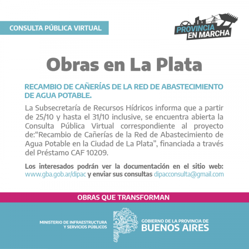 Consulta pública virtual para obras de agua en La Plata
