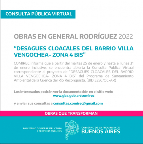 Consulta Pública Virtual por obras de desagües cloacales en General Rodríguez