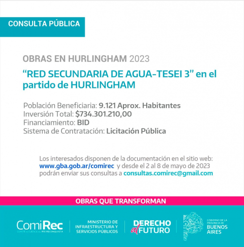 Llamado a Consulta Pública por obras de acceso al agua para Hurlingham