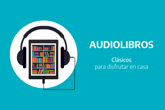 Dibujo que simula una biblioteca con auriculares e incluye el texto Audiolibros, Clásicos para disfrutar en casar e