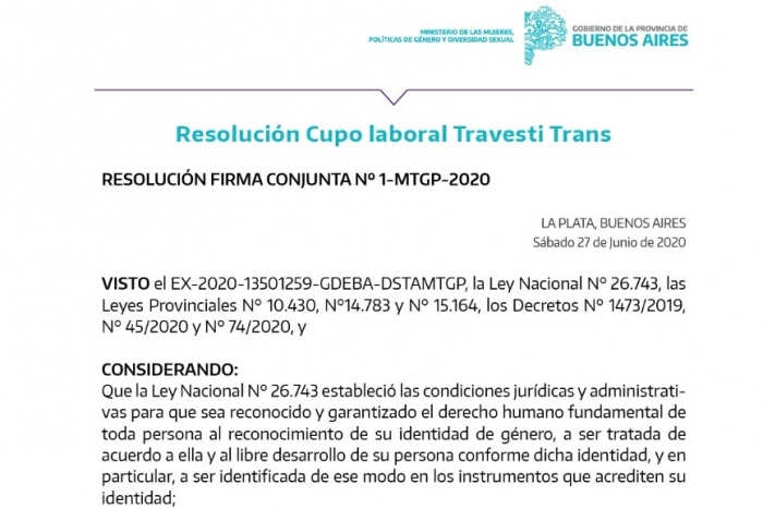  Se creó la comisión mixta para implementar el cupo laboral travesti trans