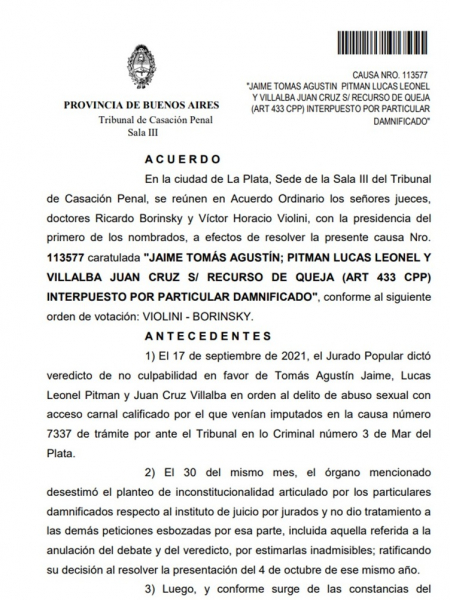 Fallo de nulidad del Tribunal de Casación bonaerense