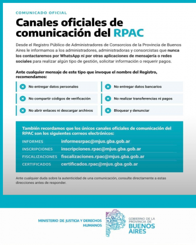 Canales oficiales de comunicación del RPAC Ante cualquier duda sobre la autenticidad de una comunicación, consulte directamente a estas direcciones antes de responder.