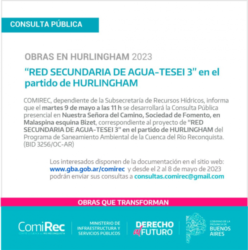 Llamado a Consulta Pública por obras de acceso al agua para Hurlingham