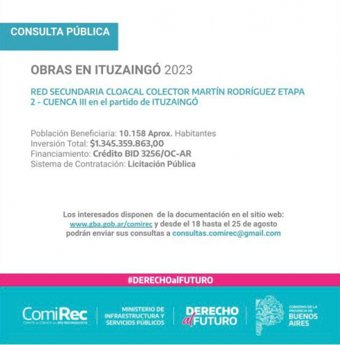 Llamado a Consulta Pública por obras cloacales en Ituzaingó