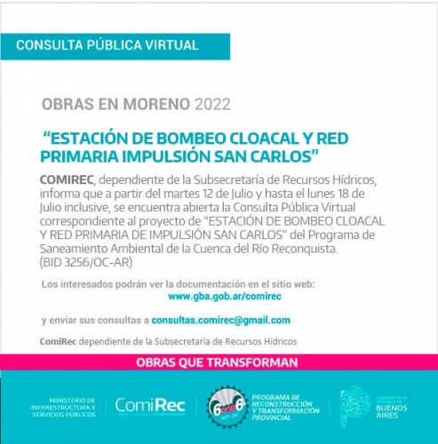 Llamado a Consulta Pública Virtual por obras cloacales en Moreno