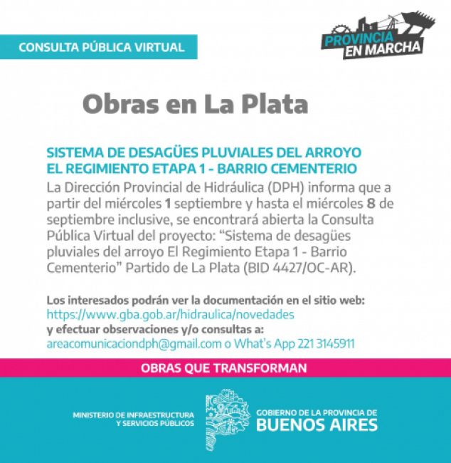 Llamado a Consulta Pública Virtual para obras en La Plata