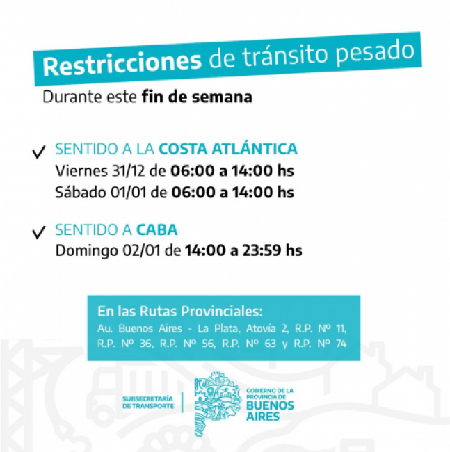 Restricción de camiones de carga el 31 de diciembre, 1 y 2 de enero.