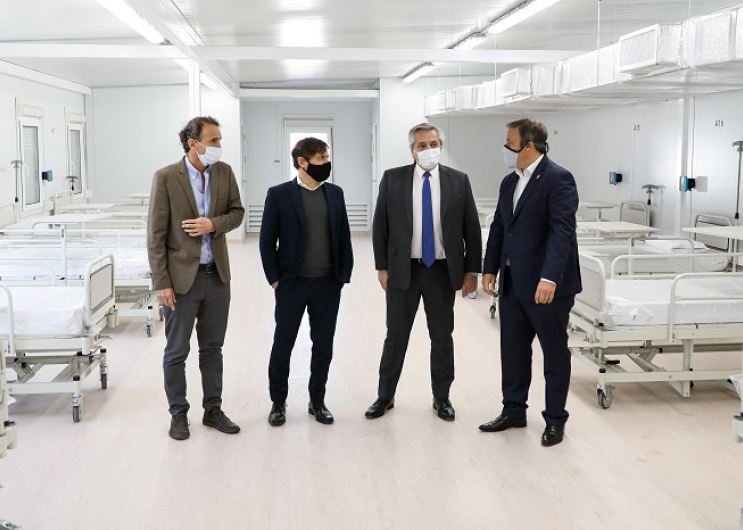 El gobernador, Axel Kicillof, acompañó al presidente, Alberto Fernández, en una recorrida por el hospital modular de emergencia 