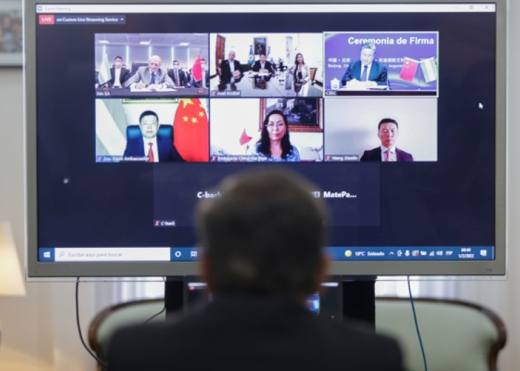 Axel Kicillof en la videoconferencia con las autoridades de Argentina y China.